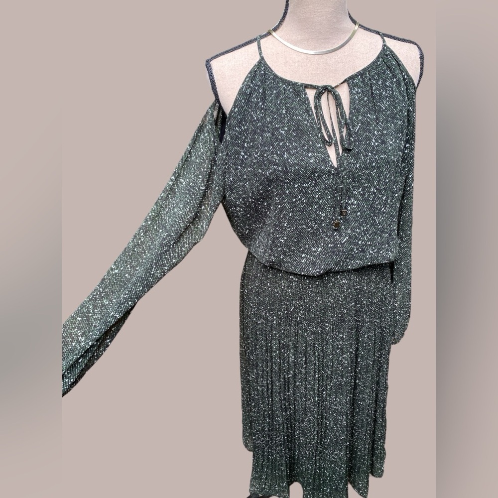 Michael Kors-Small dark green cold shoulder dress w/sheer sleeves. Exc condition